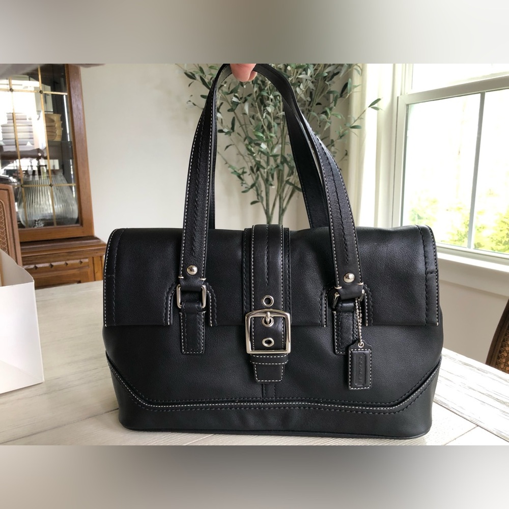 Coach Black Leather Hamilton Buckle Flap Large Satchel F12604 w/ Hangtag/Box/Bag - Picture 2 of 14